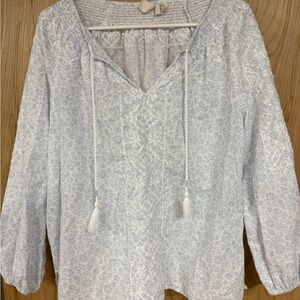 Joie Peasant Blouse Blue White Embroidered Boho Floral Tassel Linen Blend Medium
